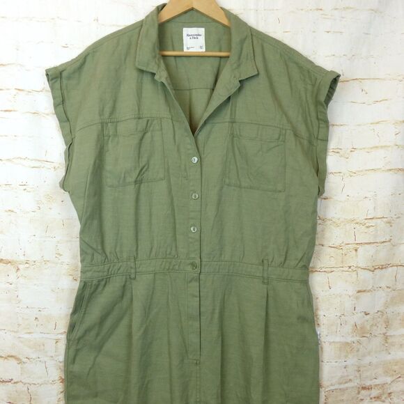 Abercrombie & Fitch Jumpsuit Womens XLT Army Green Short Sleeves Utility Boho - Picture 5 of 11